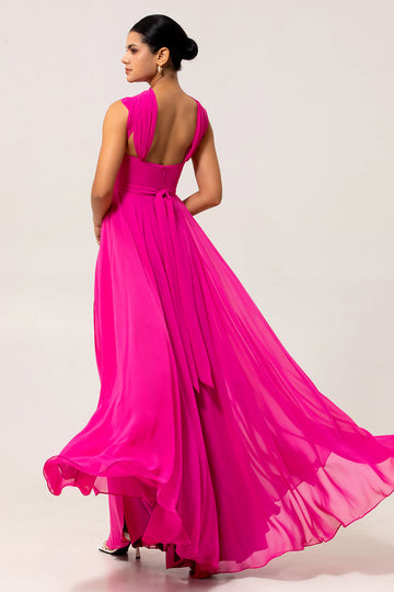 Fuchsia A Line Convertible Chiffon Long Bridesmaid Dress with Slit